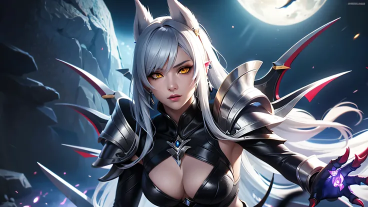 There is battlefield in the middle of it lonely tired beautiful werwolf female with yellow eyes silver hair with lot pf piercing on her ears she dressed in sexy fur armor with covered with blood claws on her hands, she surround with a bodies of fallen enem...