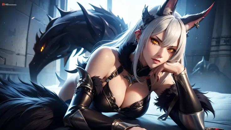 There is battlefield in the middle of it lonely tired beautiful werwolf female with yellow eyes silver hair with lot pf piercing on her ears she dressed in sexy fur armor with covered with blood claws on her hands, she surround with a bodies of fallen enem...