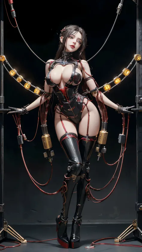 (((Masterpiece))), ((Best Quality)), (Super Detail), (CG Illustration), (Very Evil and Beautiful)), Cinematic Light, ((1 Mechanical Girl)), Single, (Mechanical Art: 1.4), ((Mechanical limb)), (Blood vessel attached to a tube), ((Mechanical spine attached t...