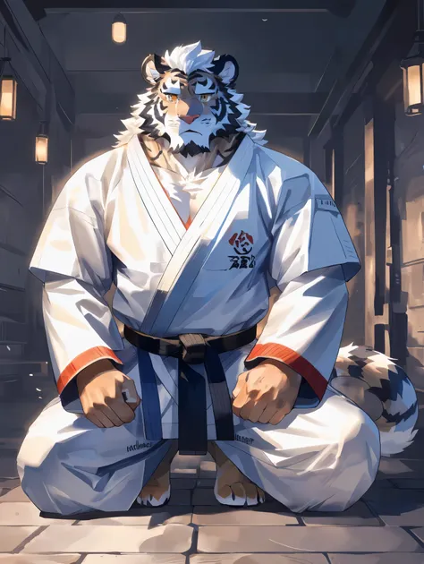 (white skintiger),(上half body赤膊:1.7),(martial arts衣服:1.4),(holding a long sword),(awesome posture),half kneeling,(the background...