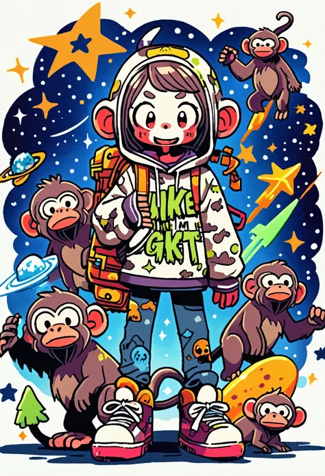 Make me an illustration of a zombie monkey that is out in space, make it in a concept art style, and like a hand-drawn picture.