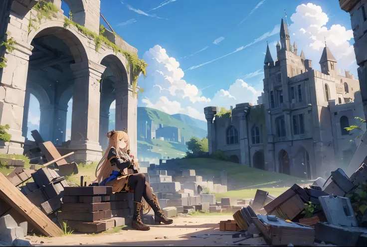 masterpiece, best quality, extremely detailed, (Ruined castle), cloudless sky, rubble,(bard girl),