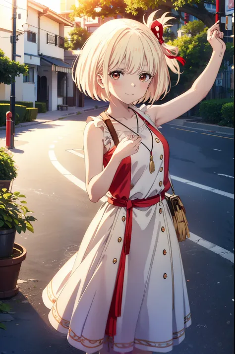 chisatonishikigi, Chisato Nishikigi, Short Hair, bangs, blonde,Bobcut, White hat(Red eyes:1.5),  Hair Ribbon,One side up,happy smile, smile, Open your mouth,smile,blush,Red sleeveless dress,White long skirt,Bare arms,Rocket Pendant,Cute Sandals,real summer...