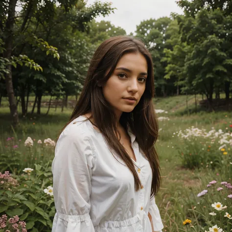 Chica de espaldas, with not so long brown hair surrounded by nature and flowers.