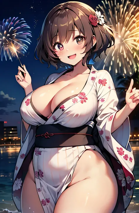 Anime illustration、highest quality、A short and plump high school girl、A yukata with a chic pattern、Fireworks display、Perfect proportions、overwhelmingly big breasts、Beautiful, shining eyes、Cowboy Shot、Blushed、smile