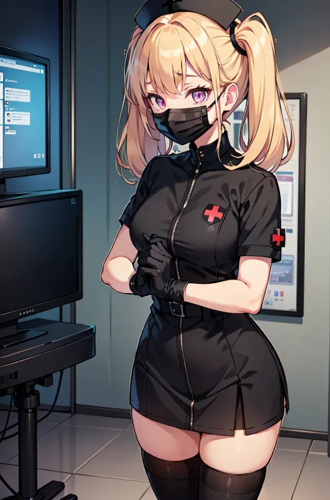 black nurse, 1girl, solo, black nurse cap, black nurse uniform, ((black legwear, zettai ryouiki)), black elbow gloves, twintails, yellow hair, purple eyes, ((black surgical mask, covered nose)), standing, ((surgery room)), sharp outline, short sleeves, bes...