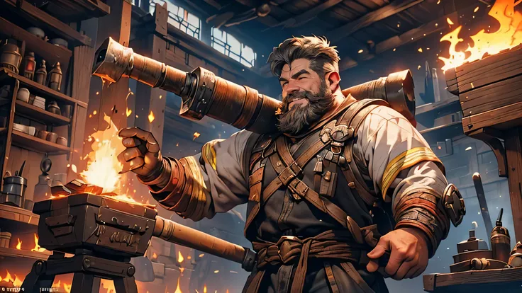 (a cheerful dwarf:1.1,a well-built physique,a stocky physique,physically strong,energetic),(blacksmithing:1.1,blacksmith work,metalworking,hitting a piece of metal,forging a weapon),(fire sparks,anvils,hammering sounds,dark and smoky workshop)