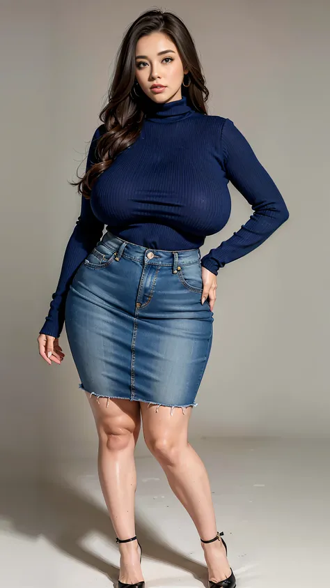 Full body shot of 1 beautiful woman, adult, large body, voluptuous woman, (very long straight hair),( brunette hair), outlined eyelids, made-up eyelids,  turtleneck sweater,  scarf, neckline, (blue mini denim skirt),  tempting , dreaming, curvy hourglass f...