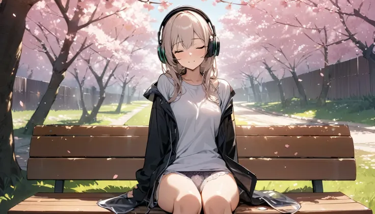 ((best quality)), ((masterpiece)), (detailed), perfect face, sitting under the cherry blossom tree, listening to music, One woman, wearing headphones, eyes closed, wearing underwear, underwear is transparent, sitting on a bench