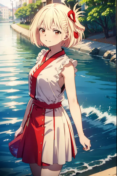 chisatonishikigi, Chisato Nishikigi, Short Hair, bangs, blonde,Bobcut, White hat(Red eyes:1.5),  Hair Ribbon,One side up,happy smile, smile, Open your mouth,smile,blush,Red sleeveless dress,White long skirt,Bare arms,Rocket Pendant,Cute Sandals,real summer...