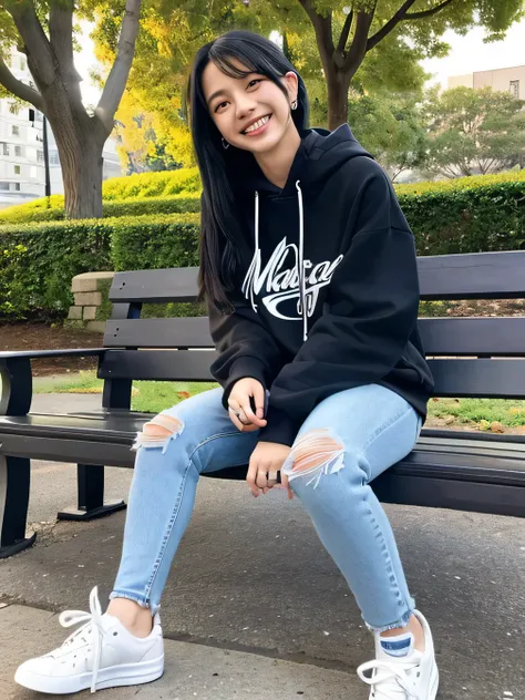 highest quality)), ((masterpiece)), (Get used to it), Perfect Face、((highest quality)), A beautiful and elegant woman sitting on a park bench、ear piercing、hoodie、Skinny jeans、sneakers、Black Hair、Smiling with teeth showing、Full body photo、Ear piercing infor...