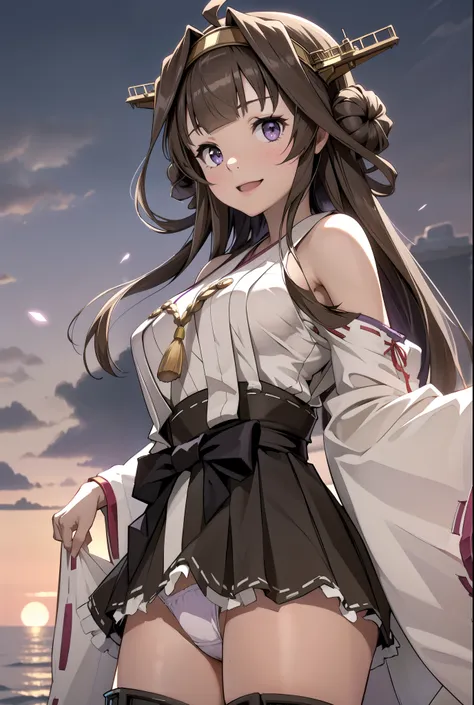 Ship Kongo, kongou, Ahoge, Brown Hair, Double good, Hair Bun, hair band, headgear, Long Hair, (Purple eyes:1.1), 
Breaking boots, Removable sleeves, kimono, Non-traditional Shrine Maiden, Ribbon trim, Sleeves edged with ribbon, Thigh-high boots, Wide sleev...