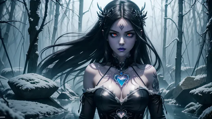 There is a full size figure of a beautiful zombie women with cute face black hair silver white eyes dark blue eye shadows and frost blue lips small cute heart shape tatoo under left eye dressed in purple Gothic dress with glass ice claws on her fingers, wo...