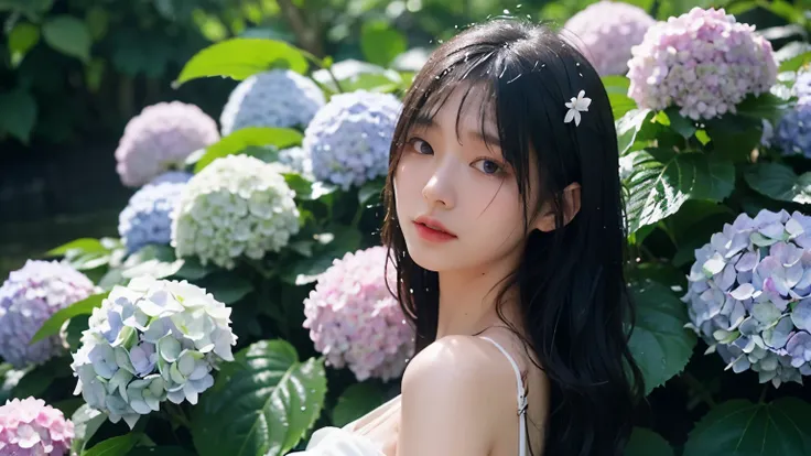 wide shot, upper body, Japan, minimum, harmony, tranquility, after the rain, (Wet hydrangea with fine texture:1.1), natural light, subdued lighting effect, A girl surrounded by hydrangeas, slender, Medium Hair, Black dress, masterpiece, highest quality, RA...