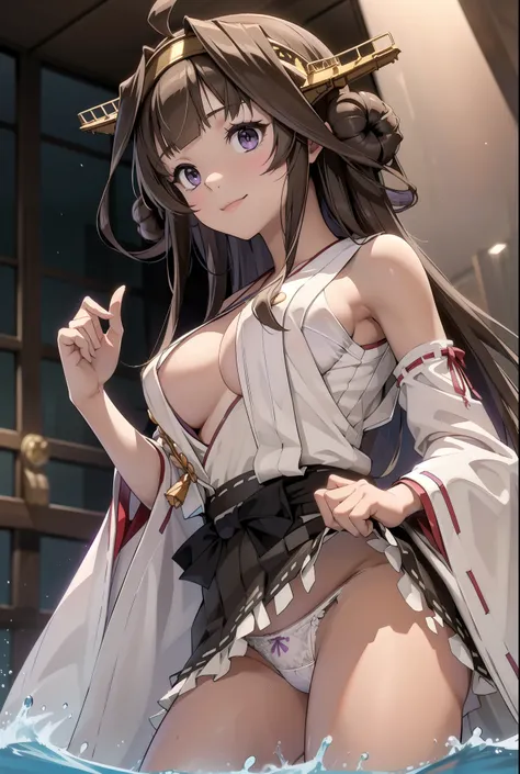 Ship Kongo, kongou, Ahoge, Brown Hair, Double good, Hair Bun, hair band, headgear, Long Hair, (Purple eyes:1.1), 

壊す looking at viewer, smile, blush, Full body,Standing Break Living, Office Room, Break the lower body (masterpiece:1.2), highest quality, Hi...