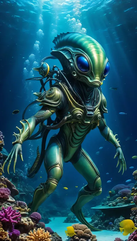 (best quality,highres,masterpiece:1.2),ultra-detailed,(realistic:1.37),alien diving underwater, underwater exploration, deep sea diving, mysterious creature underwater, extraterrestrial beauty, otherworldly deep sea exploration, vibrant underwater colors, ...