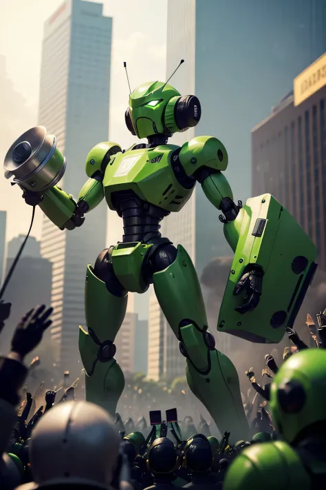 Green robot standing on top of a robot crowd, shouts into megaphone to spread news and information so everybody can understand it