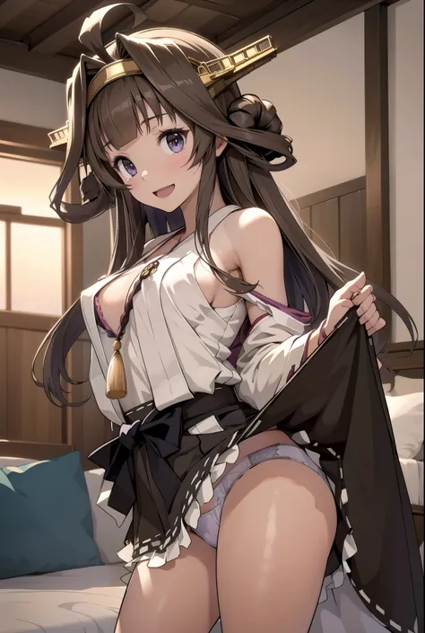 Ship Kongo, kongou, Ahoge, Brown Hair, Double good, Hair Bun, hair band, headgear, Long Hair, (Purple eyes:1.1), 

壊す looking at viewer, smile, blush, Full body,Standing Break Living, Office Room, Break the lower body (masterpiece:1.2), highest quality, Hi...