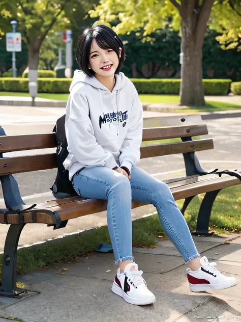 highest quality)), ((masterpiece)), (Get used to it), Perfect Face、((highest quality)), A beautiful and elegant woman sitting on a park bench、ear piercing、hoodie、Skinny jeans、sneakers、Black Hair、Short Haircut、Smiling with teeth showing、Full body photo、Ear ...