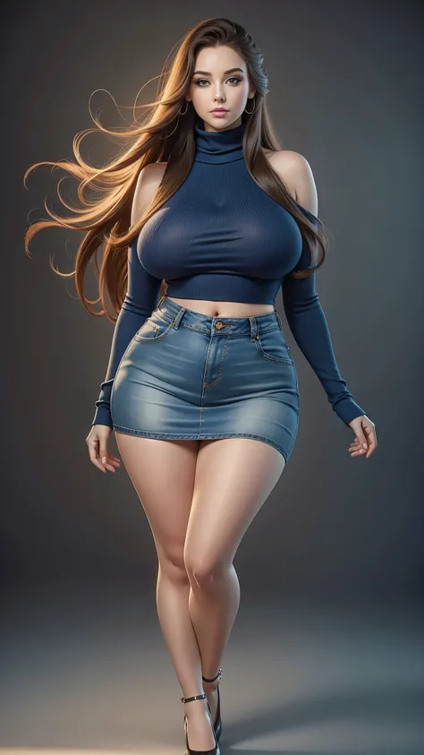 Full body shot of 1 beautiful woman, adult, large body, voluptuous woman, (very long straight hair),( brunette hair), outlined eyelids, made-up eyelids,  turtleneck sweater,  scarf, neckline, (blue mini denim skirt),  tempting , dreaming, curvy hourglass f...