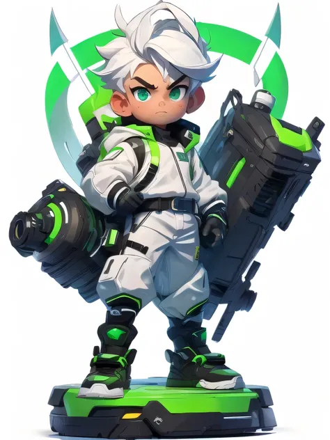 Five fingers，hand（White background：1.5）：：5，Isometric perspective，a handsomeboy，Mid-shot，Visible throughout the body，Simple background，White background，Green and White Storm Jacket，Green and white pants，White hair，Green and white sneakers，Nuclear reactor sy...