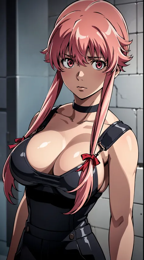 (best quality,4k,highres,masterpiece:1.2),ultra-detailed,(realistic,photo-realistic:1.37),Gasai Yuno from Mirai Nikki, a girl with pink hair,(large breasts:1.5), twintails and long hair. She is the sole focus of the artwork. She is wearing dark grey overal...