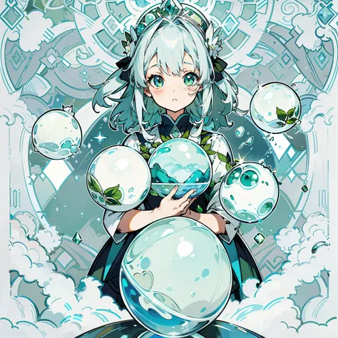 beautiful、Silver Hair、Cute girl with a glass、Multiple light blue marbles、green、greenいビー玉、Multiple marblearbles in a glass、race