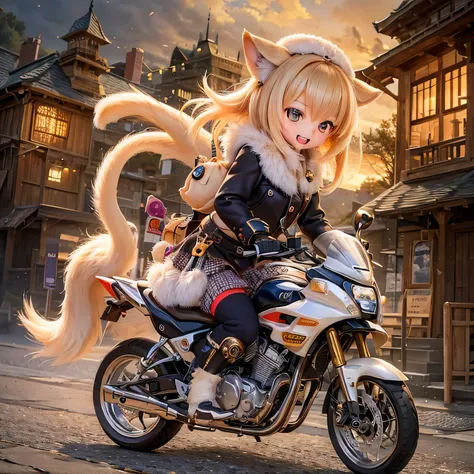 (highest quality,High resolution:1.2),shiba inu girls,Adorable chibi style,Vibrant colors,Fantasy Landscape,Riding on motorcycle,Magical Environment,Twinkle Star,The wind that makes your hair flutter,Expressions of joy,Amazing adventure,A playful atmospher...