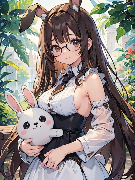 1 Female、Brown hair、Brown Eyes、Best Quality、Super detailed、8 Resolution、Raw photo、Mastepiece、Perfect Body、high resolution、highest quality、Detailed drawing、Vibrant colors、lure、smile、Long Hair、Black-rimmed glasses、Captivating breasts、Rabbit、hug、zoo、Check One...