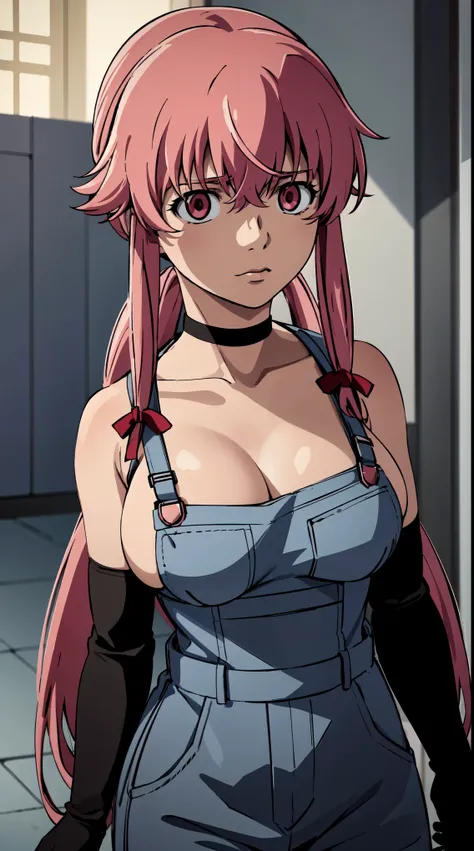 (best quality,4k,highres,masterpiece:1.2),ultra-detailed,(realistic,photo-realistic:1.37),Gasai Yuno from Mirai Nikki, a girl with pink hair,(large breasts:1.5), twintails and long hair. She is the sole focus of the artwork. She is wearing dark grey overal...