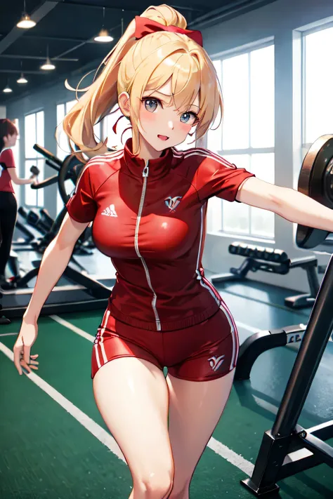 ((highest quality)), ((masterpiece)), (detailed), Perfect Face、sports meeting、run at full speed、Desperate、blonde、ponytail、Red headband、Gym suit、Horizontal angle