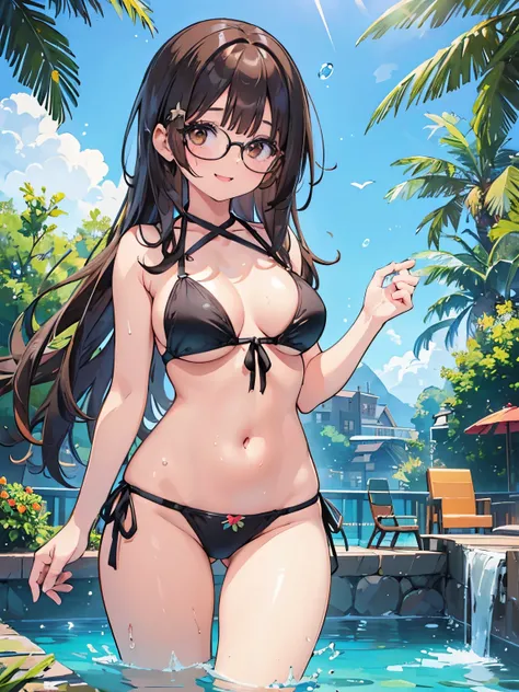 1 Female、Brown hair、Brown Eyes、Best Quality、Super detailed、8 Resolution、Raw photo、Mastepiece、Perfect Body、high resolution、highest quality、Detailed drawing、Vibrant colors、lure、smile、Long Hair、Black-rimmed glasses、Captivating breasts、bikini、Pool、Water Play