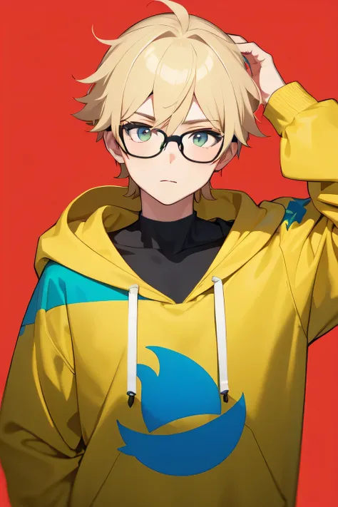 Create a boy with cool looking hair and with yellow hoodie his hairs waving in air and he wears black glasses and a face flex