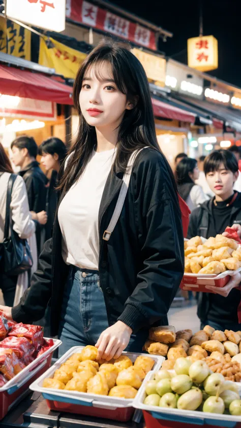 bustling night market. the woman was wearing casual clothing, bring snacks, her face was full of joy and satisfaction..