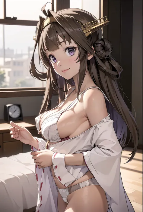 Ship Kongo, kongou, Ahoge, Brown Hair, Double good, Hair Bun, hair band, headgear, Long Hair, (Purple eyes:1.1), 

壊す looking at viewer, smile, blush, Full body,Standing Break Living, Office Room, Break the lower body (masterpiece:1.2), highest quality, Hi...