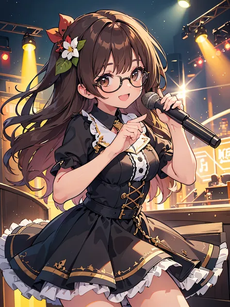 1 Female、Brown hair、Brown Eyes、Best Quality、Super detailed、8 Resolution、Raw photo、Mastepiece、Perfect Body、high resolution、highest quality、Detailed drawing、Vibrant colors、lure、smile、Long Hair、Black-rimmed glasses、Captivating breasts、Sing a song、Idol