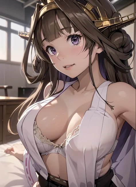 艦これ金剛, kongou, アホ毛, 茶髪, ダブルグッド, ヘアーバン, ヘアバンド, ヘッドギア, 長い髪, (紫色の目:1.1), 

壊す looking at viewer, 笑顔, 赤面, 全身姿,立っている
壊す リビング, オフィスルー