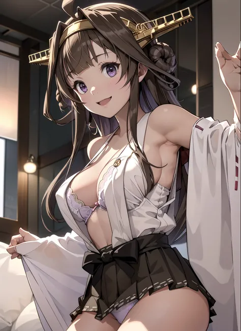 Ship Kongo, kongou, Ahoge, Brown Hair, Double good, Hair Bun, hair band, headgear, Long Hair, (Purple eyes:1.1), 

壊す looking at viewer, smile, blush, Full body,Standing Break Living, Office Room, Lower Body, Destroy naked (masterpiece:1.2), highest qualit...