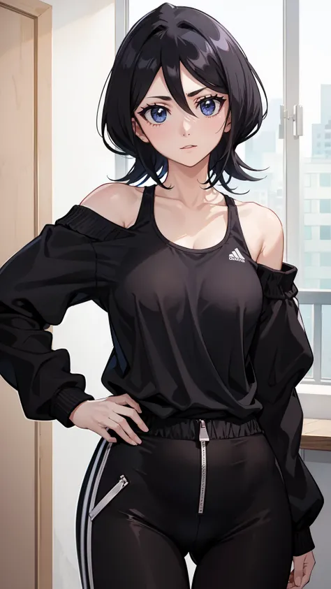 Off-the-shoulder attire，looks into camera，The upper part of the body，Black color hair，cleavage，track suit，sport