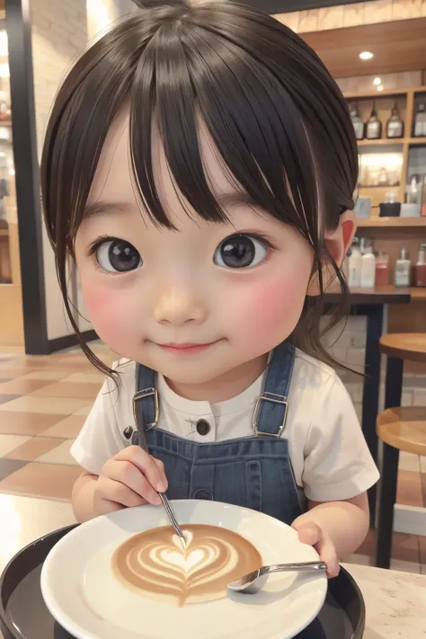 Photoreal、Chibi girl surprised to see artistic cafe latte art