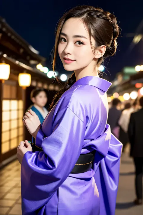 J-Pop Idol: 1.2、Mix 4、Japanese female 1 person,23 years old,(Thin eyebrows: 1.4),Sparkling brown eyes,clear amber eyes,Bunhead,Two braids tied together、Ancient Capital,Kyoto、Beautiful detailed sky、street,(crowd:1.2),night、kimono,kimono、Happy,smile,Beautifu...