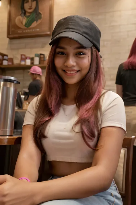 ((best quality)), ((masterpiece)), (detailed), perfect face, indian girl, black hair, wearing hat, smiling, hyper realistic, sitting in a coffee shop, iphone shot, fair complexion, pink hair