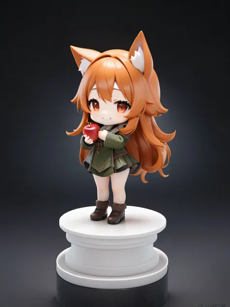 (chibi:0.6),3D figure, (very cute and bautiful anime girl:2.5), Holo, (wolf-ears, fluffy-wolf-tail:2.5), (grin:3.0),solo, (head-to-body-ratio-is-one-to-four:5.0),(full body), photo of an figure, high quality photo, (standing on pedestal, holding the apple ...