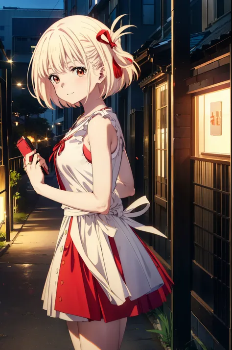 chisatonishikigi, Chisato Nishikigi, Short Hair, bangs, blonde,Bobcut, White hat(Red eyes:1.5),  Hair Ribbon,One side up,happy smile, smile, Open your mouth,smile,blush,Red sleeveless dress,White long skirt,Bare arms,Rocket Pendant,Cute Sandals,real summer...