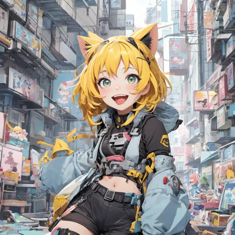 1 girl, pastelcolor, yellow hair strokes, cyan eyes, short detailed hair, small cat ears, cyberpunk clothes, there are a lot of ...