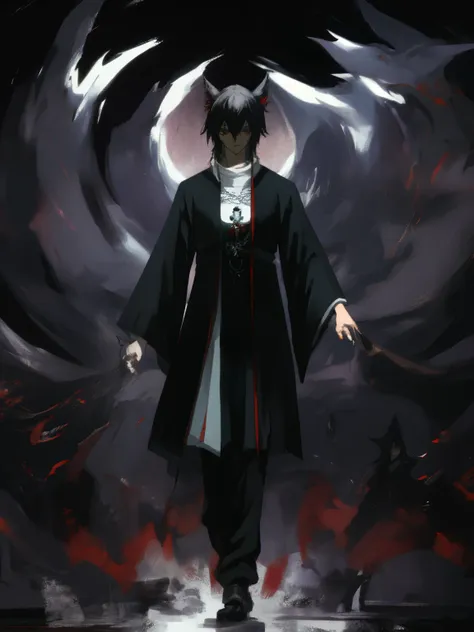 ((masterpiece, best quality)) kitsune, male, black long hair, handsome, slender, dark priest with balck and red cloack, fox ears...