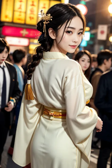 J-Pop Idol: 1.2、Mix 4、Japanese female 1 person,23 years old,(Thin eyebrows: 1.4),Sparkling brown eyes,clear amber eyes,Bunhead,Two braids tied together、Ancient Capital,Kyoto、Beautiful detailed sky、street,(crowd:1.2),night、(kimono,kimono,豪華なkimono)、(Happy,s...