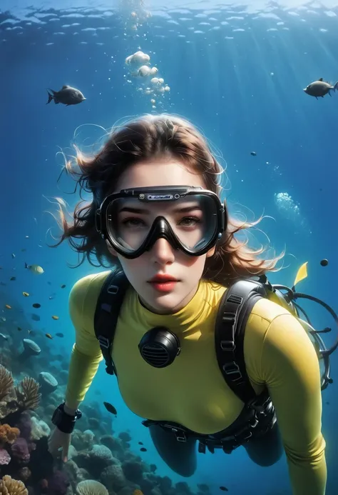 During the diving course，There is a lady wearing a diving suit and goggles,Wear a diving mask, Instagram, A diver on the seabed, A diver on the seabed, old scuba, GoPro shooting, Abandoned diving mask, Underwater perspective, 3 6 0 capture, amanda clarke, ...