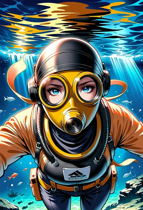 During the diving course，There is a lady wearing a diving suit and goggles,Wear a diving helmet, Instagram, A diver on the seabed, A diver on the seabed, old scuba, GoPro shooting, Abandoned diving mask, Underwater perspective, 3 6 0 capture, amanda clarke...