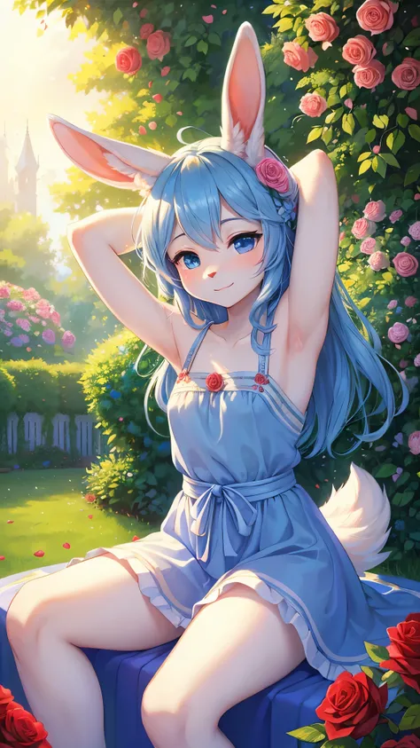 (fluffy anthro furry :1.3),rabbit girl,white rabbit ears,white rabbit tail,white lomg hair,smile,armpits,A sea of blue roses emerges in a vivid and enchanting garden, bathed in the soft glow of the setting sun. The roses glisten with delicate dewdrops, the...